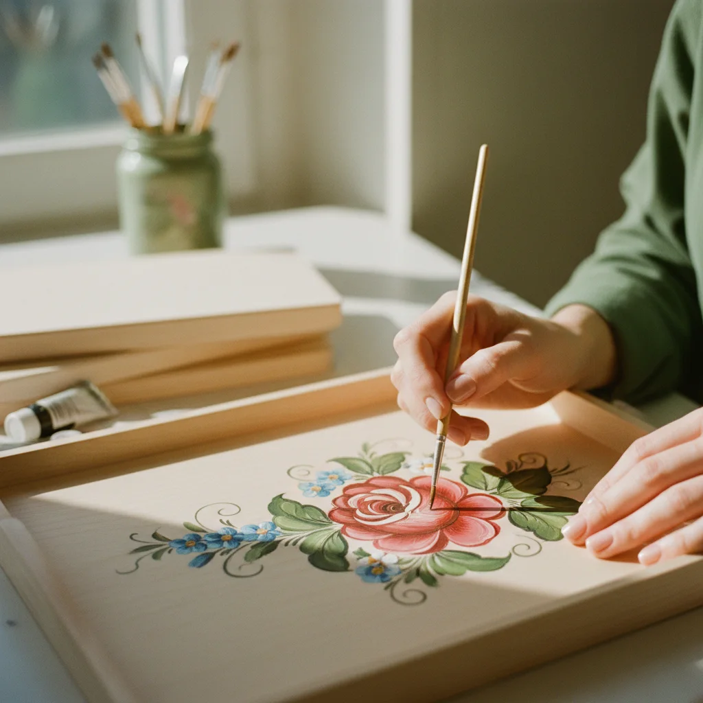 Mãos pintando uma rosa no estilo Pintura Bauer, à luz da janela