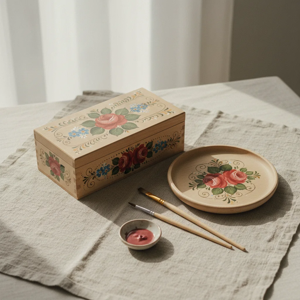 Caixa e bandeja de madeira pintadas com flores Bauer sobre linho